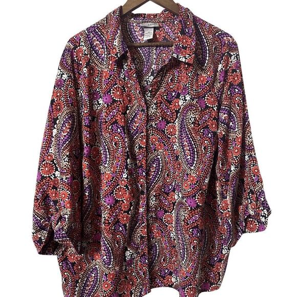 Catherines Women's Long Sleeve Button Up Collared Top Paisley Plus Size 2X 22/24 - Picture 1 of 5